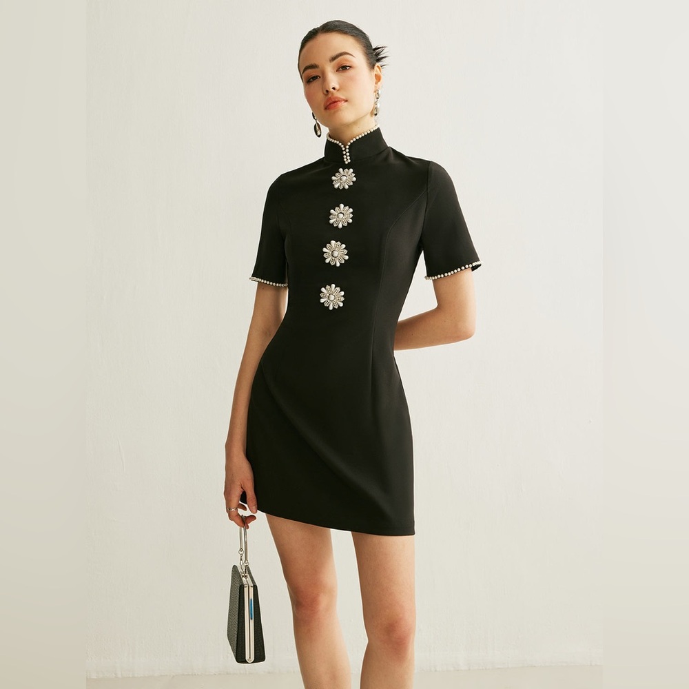 Commense Stand Collar Pearl Trim Dress
